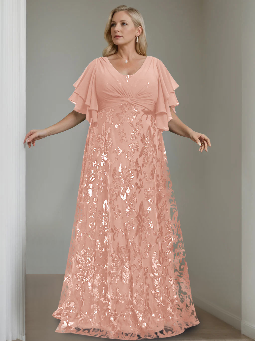 A-Line/Princess V-Neck Half Sleeves Floor-Length Plus Size Mother of the Bride Dresses with Sequins - 이미지 18