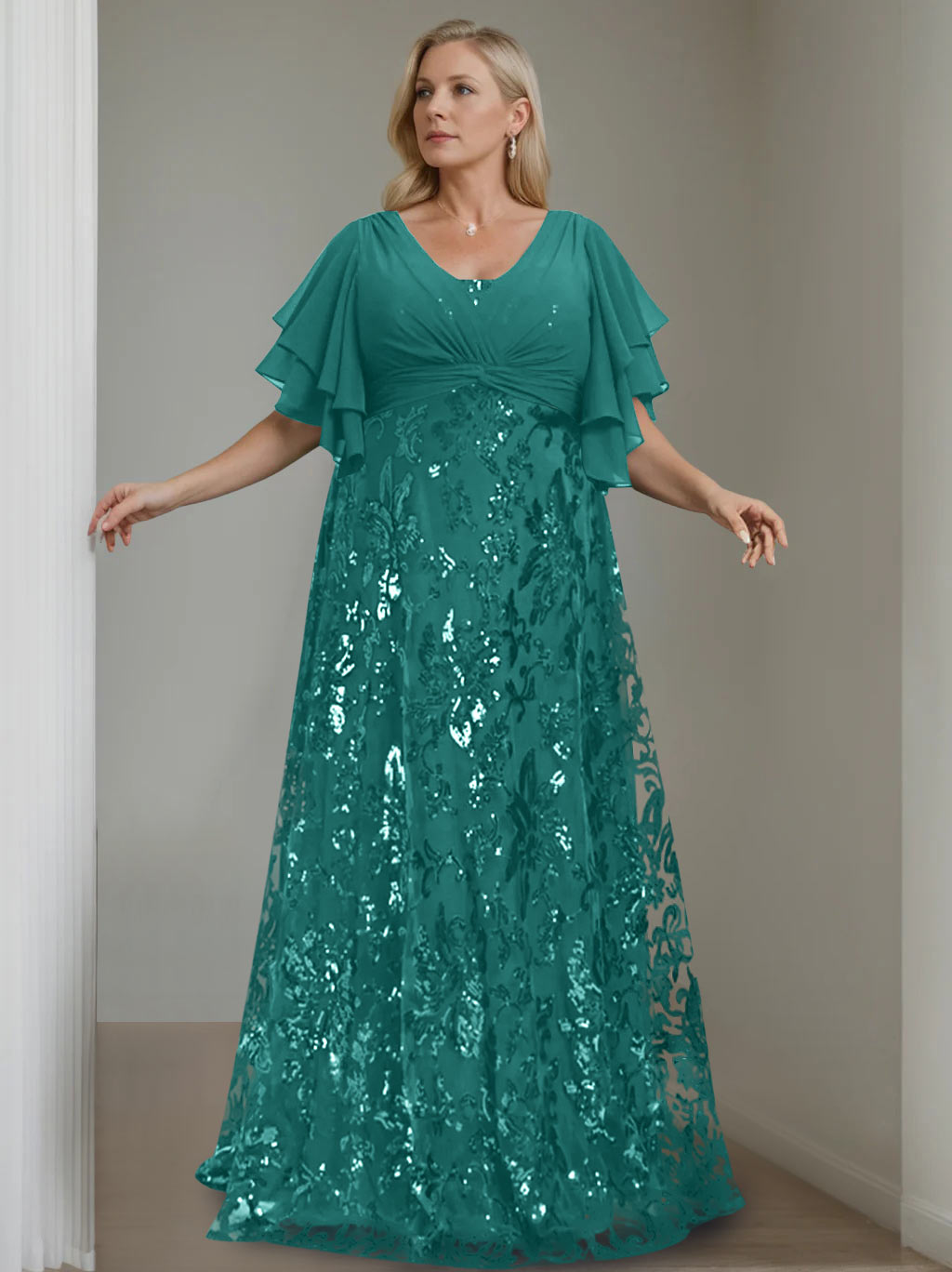 A-Line/Princess V-Neck Half Sleeves Floor-Length Plus Size Mother of the Bride Dresses with Sequins - 이미지 19