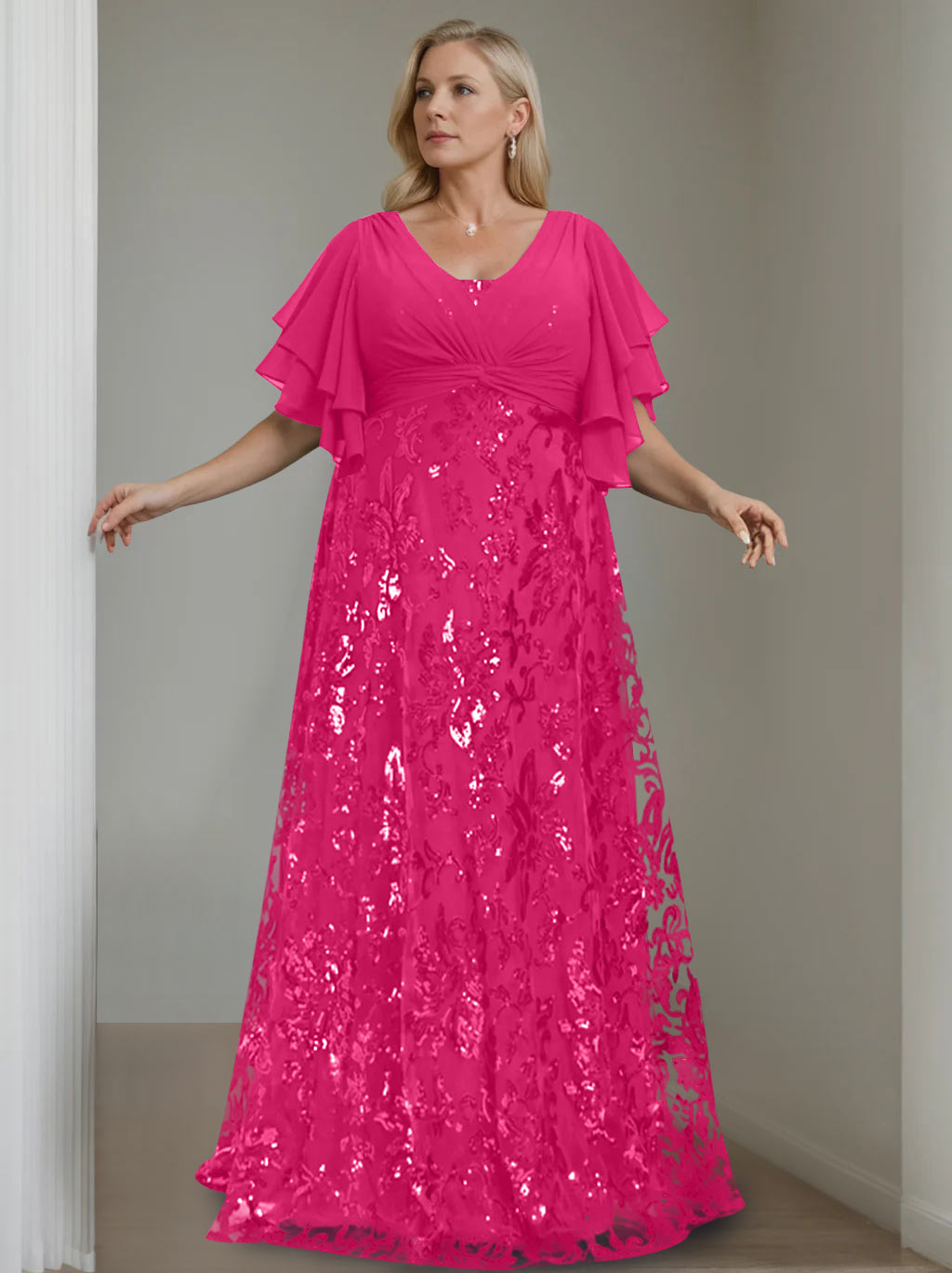 A-Line/Princess V-Neck Half Sleeves Floor-Length Plus Size Mother of the Bride Dresses with Sequins - 이미지 20