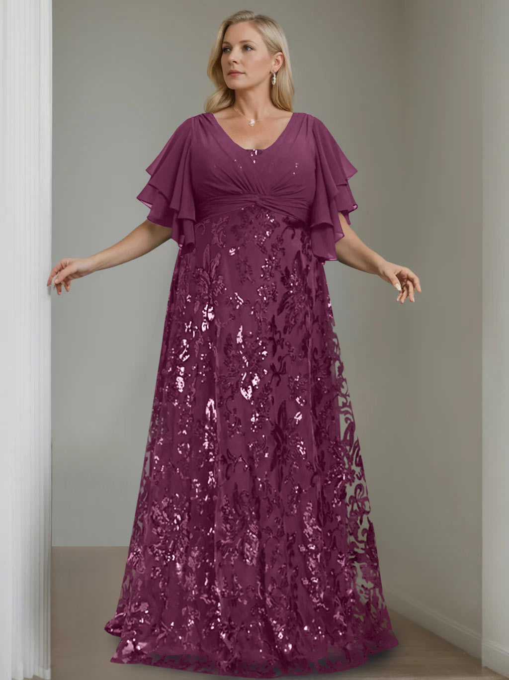 A-Line/Princess V-Neck Half Sleeves Floor-Length Plus Size Mother of the Bride Dresses with Sequins - 이미지 22