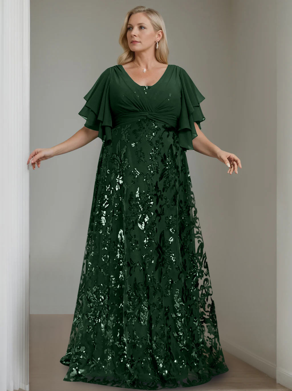 A-Line/Princess V-Neck Half Sleeves Floor-Length Plus Size Mother of the Bride Dresses with Sequins - 이미지 23