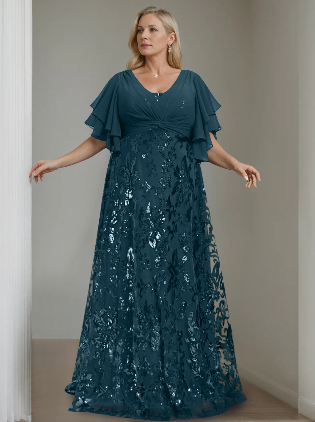 A-Line/Princess V-Neck Half Sleeves Floor-Length Plus Size Mother of the Bride Dresses with Sequins - 이미지 24