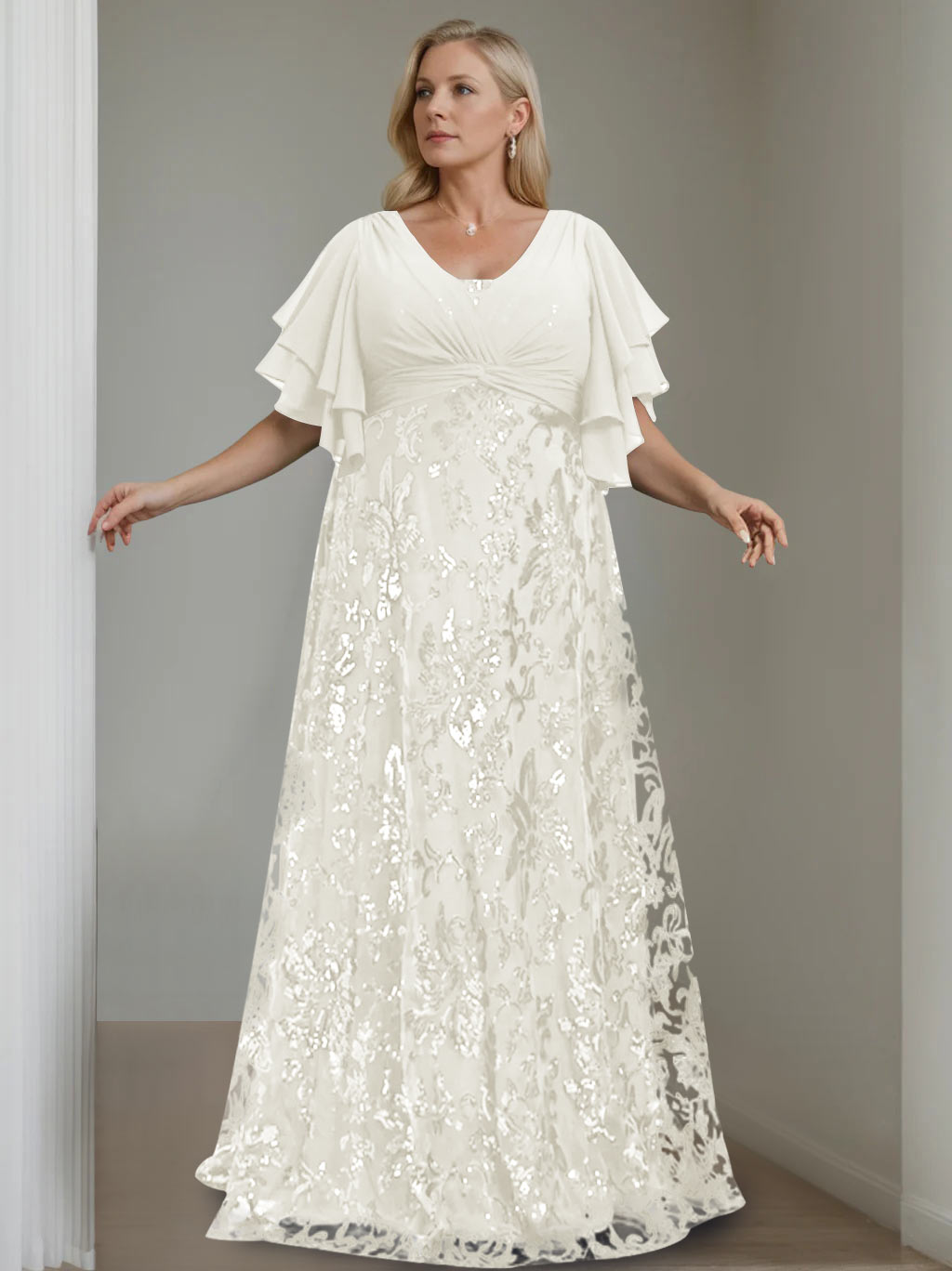 A-Line/Princess V-Neck Half Sleeves Floor-Length Plus Size Mother of the Bride Dresses with Sequins - 이미지 25