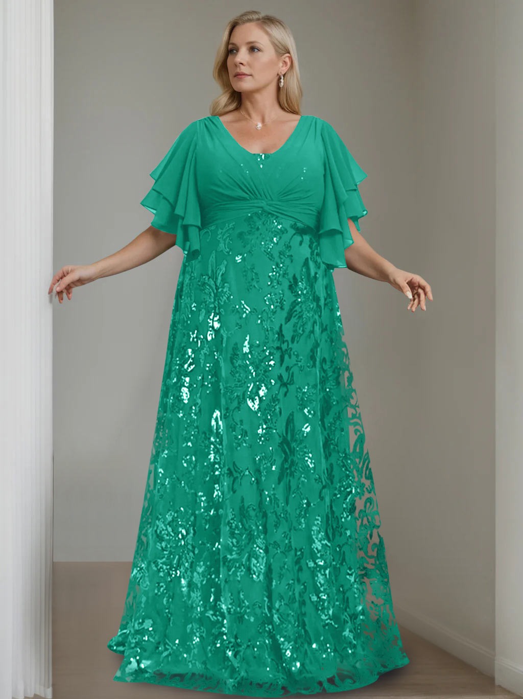 A-Line/Princess V-Neck Half Sleeves Floor-Length Plus Size Mother of the Bride Dresses with Sequins - 이미지 26