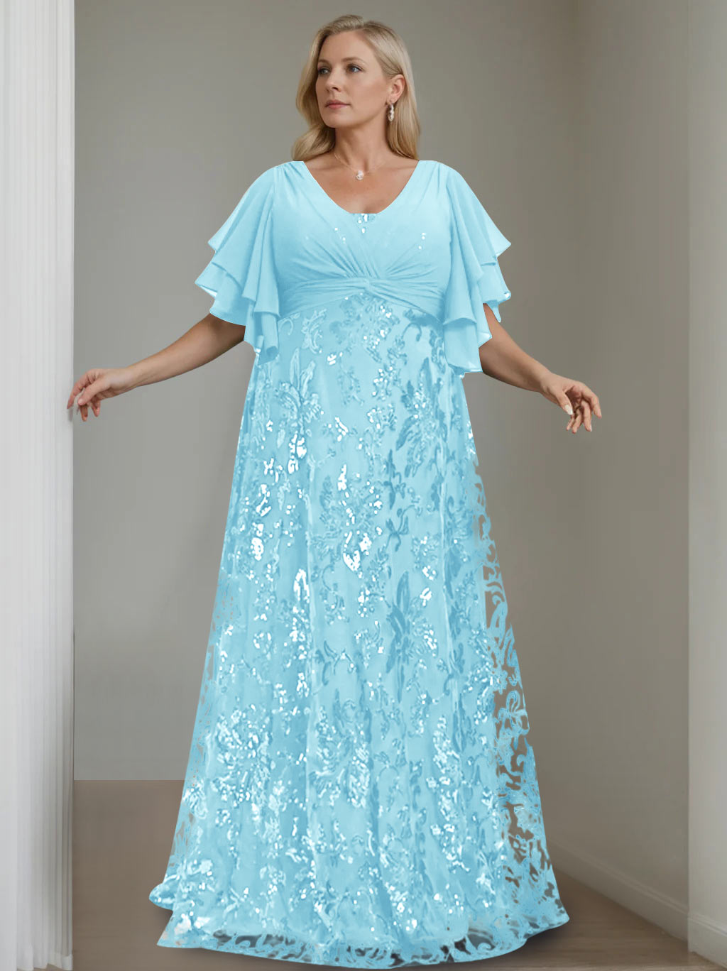 A-Line/Princess V-Neck Half Sleeves Floor-Length Plus Size Mother of the Bride Dresses with Sequins - 이미지 27