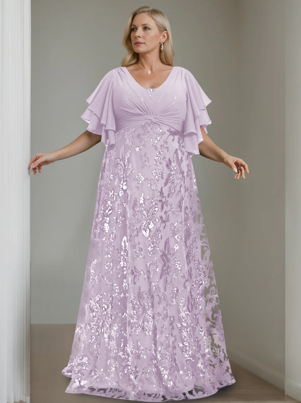 A-Line/Princess V-Neck Half Sleeves Floor-Length Plus Size Mother of the Bride Dresses with Sequins - 이미지 28