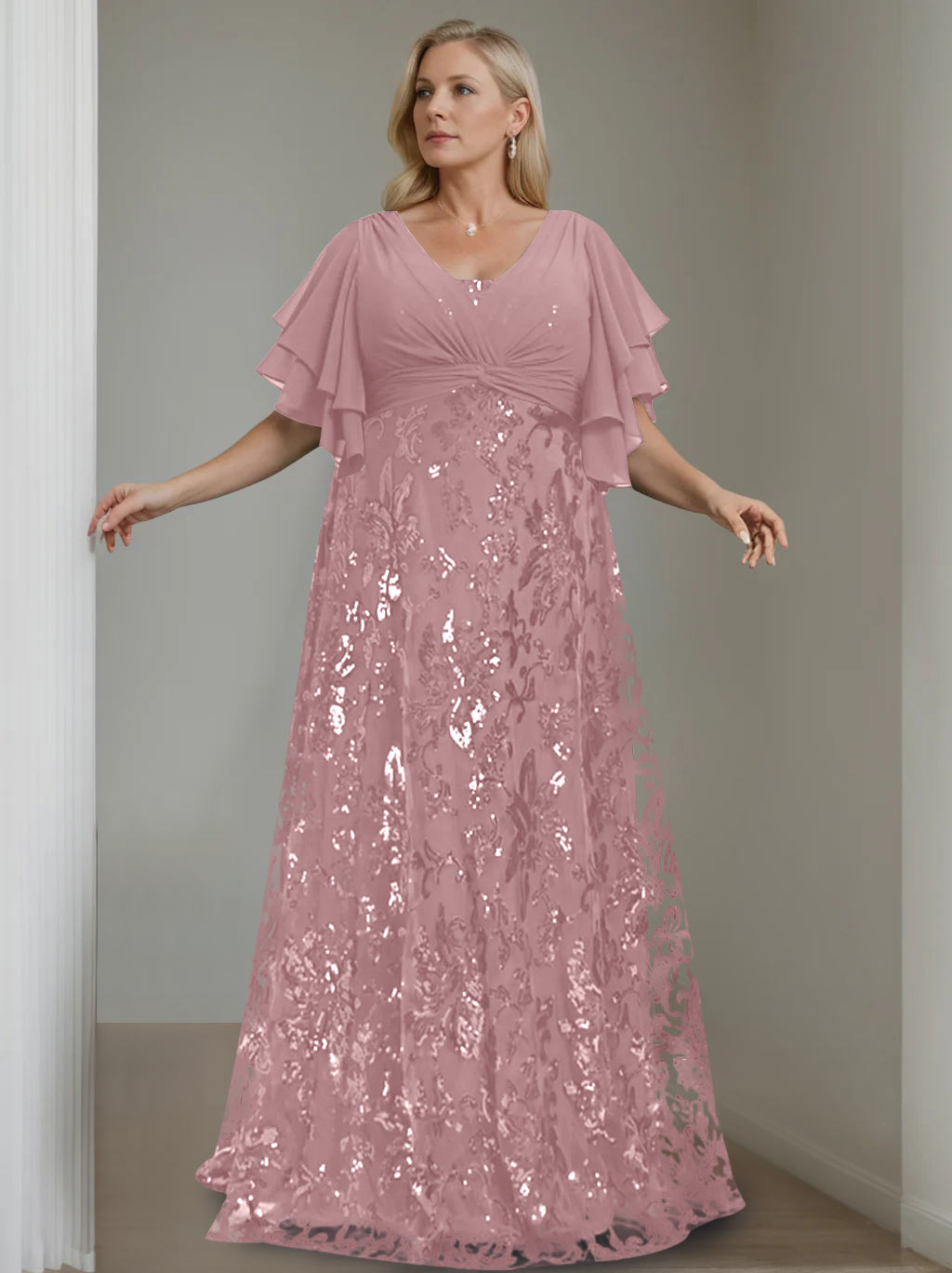 A-Line/Princess V-Neck Half Sleeves Floor-Length Plus Size Mother of the Bride Dresses with Sequins - 이미지 29