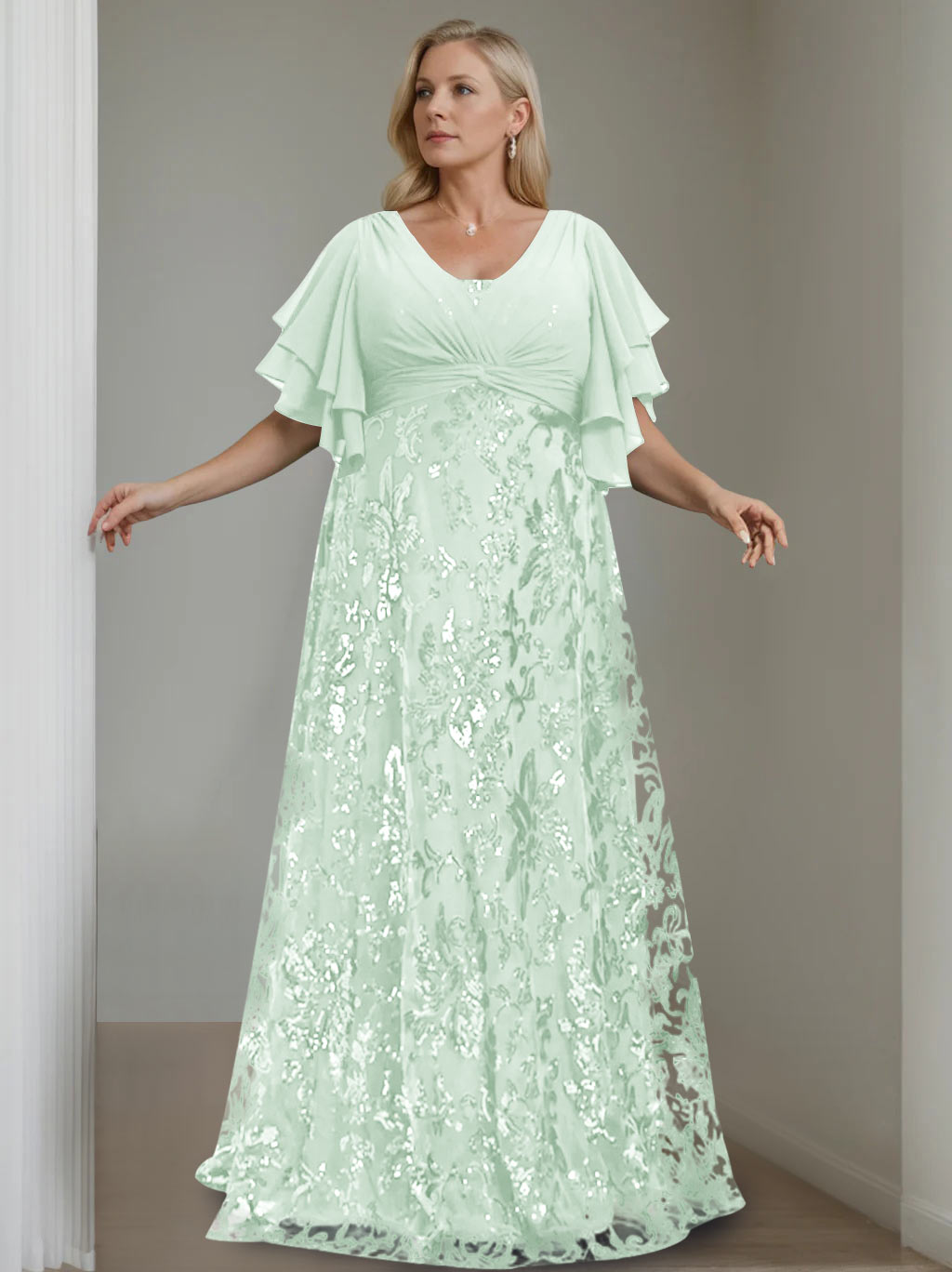 A-Line/Princess V-Neck Half Sleeves Floor-Length Plus Size Mother of the Bride Dresses with Sequins - 이미지 30