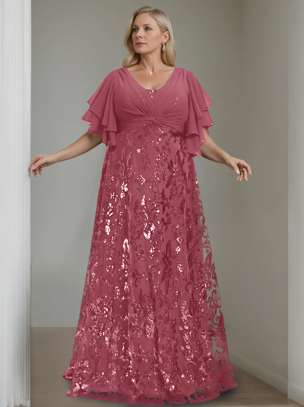A-Line/Princess V-Neck Half Sleeves Floor-Length Plus Size Mother of the Bride Dresses with Sequins - 이미지 31