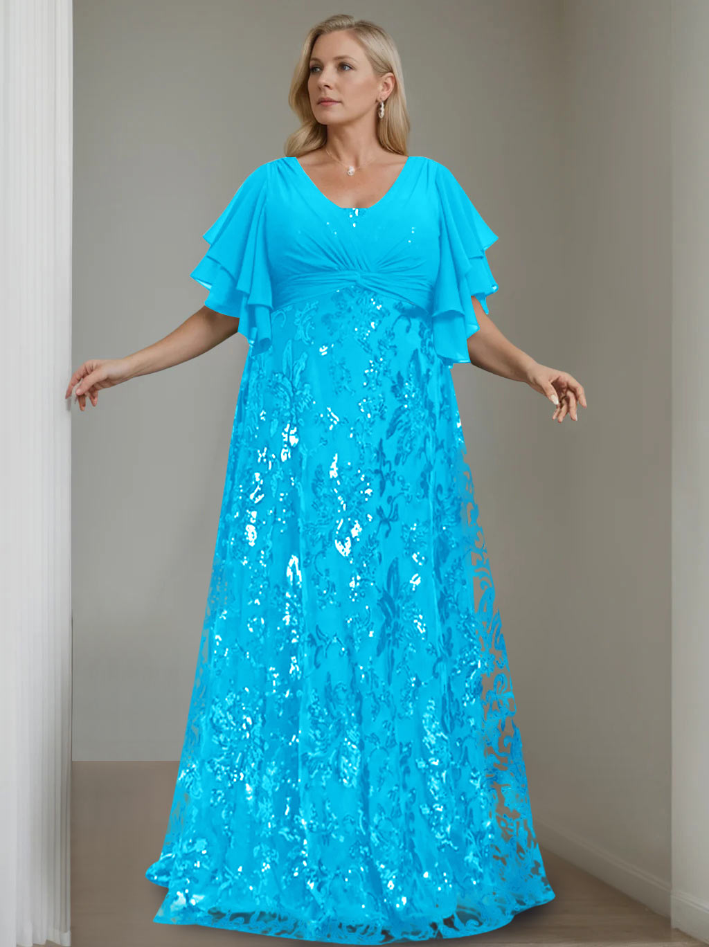 A-Line/Princess V-Neck Half Sleeves Floor-Length Plus Size Mother of the Bride Dresses with Sequins - 이미지 32