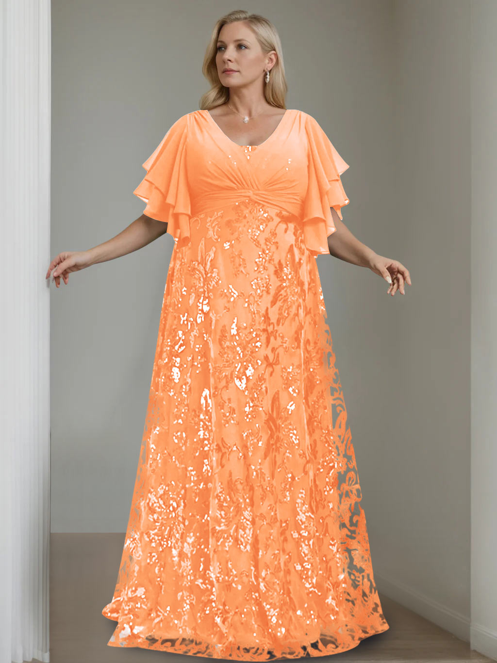 A-Line/Princess V-Neck Half Sleeves Floor-Length Plus Size Mother of the Bride Dresses with Sequins - 이미지 33