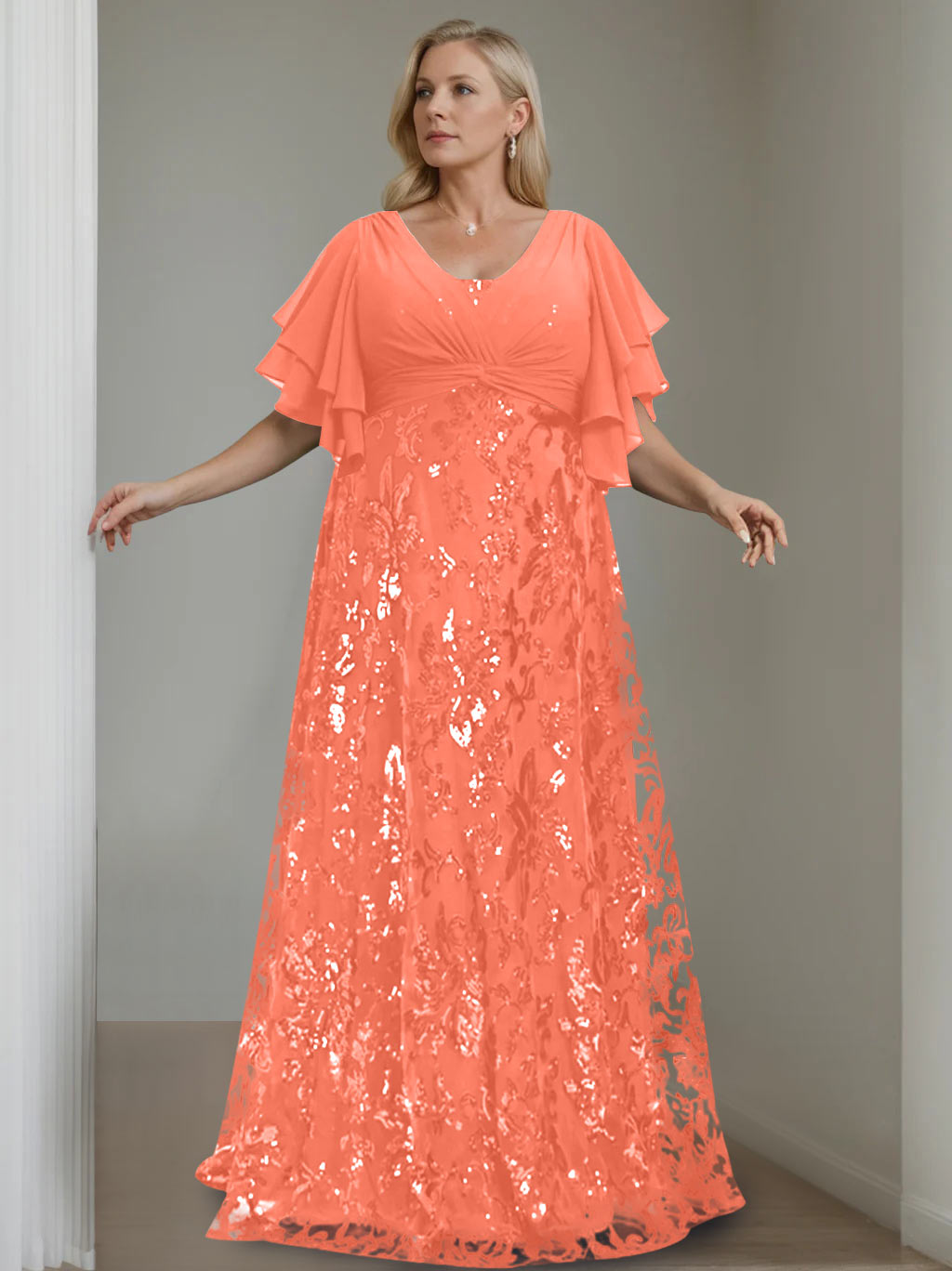 A-Line/Princess V-Neck Half Sleeves Floor-Length Plus Size Mother of the Bride Dresses with Sequins - 이미지 35