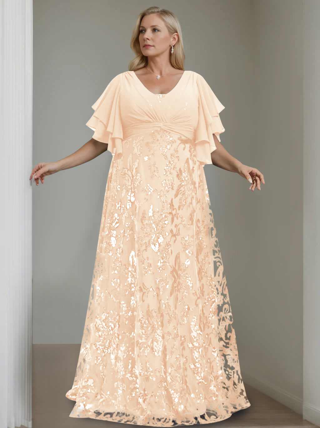 A-Line/Princess V-Neck Half Sleeves Floor-Length Plus Size Mother of the Bride Dresses with Sequins - 이미지 36