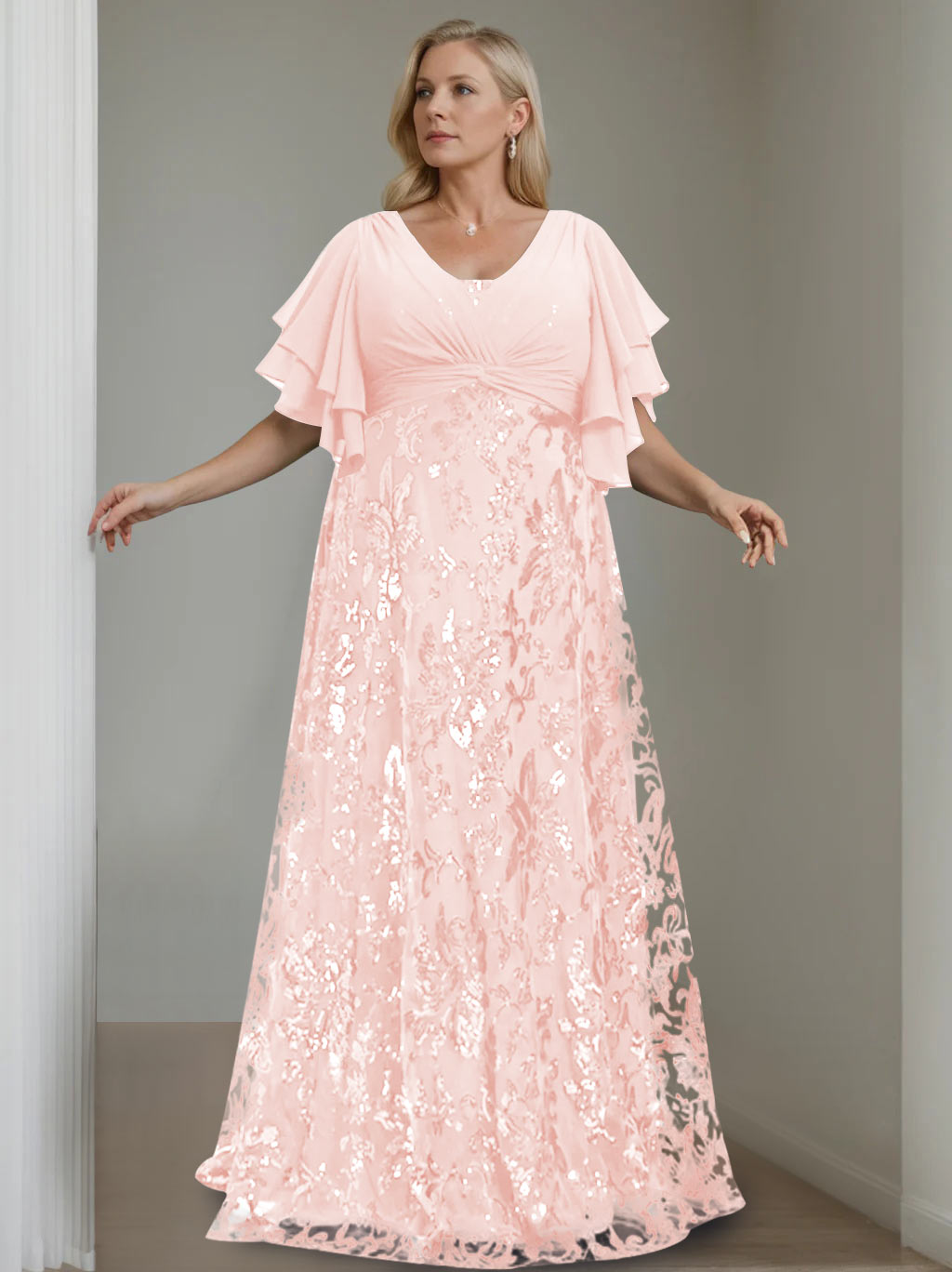 A-Line/Princess V-Neck Half Sleeves Floor-Length Plus Size Mother of the Bride Dresses with Sequins - 이미지 37
