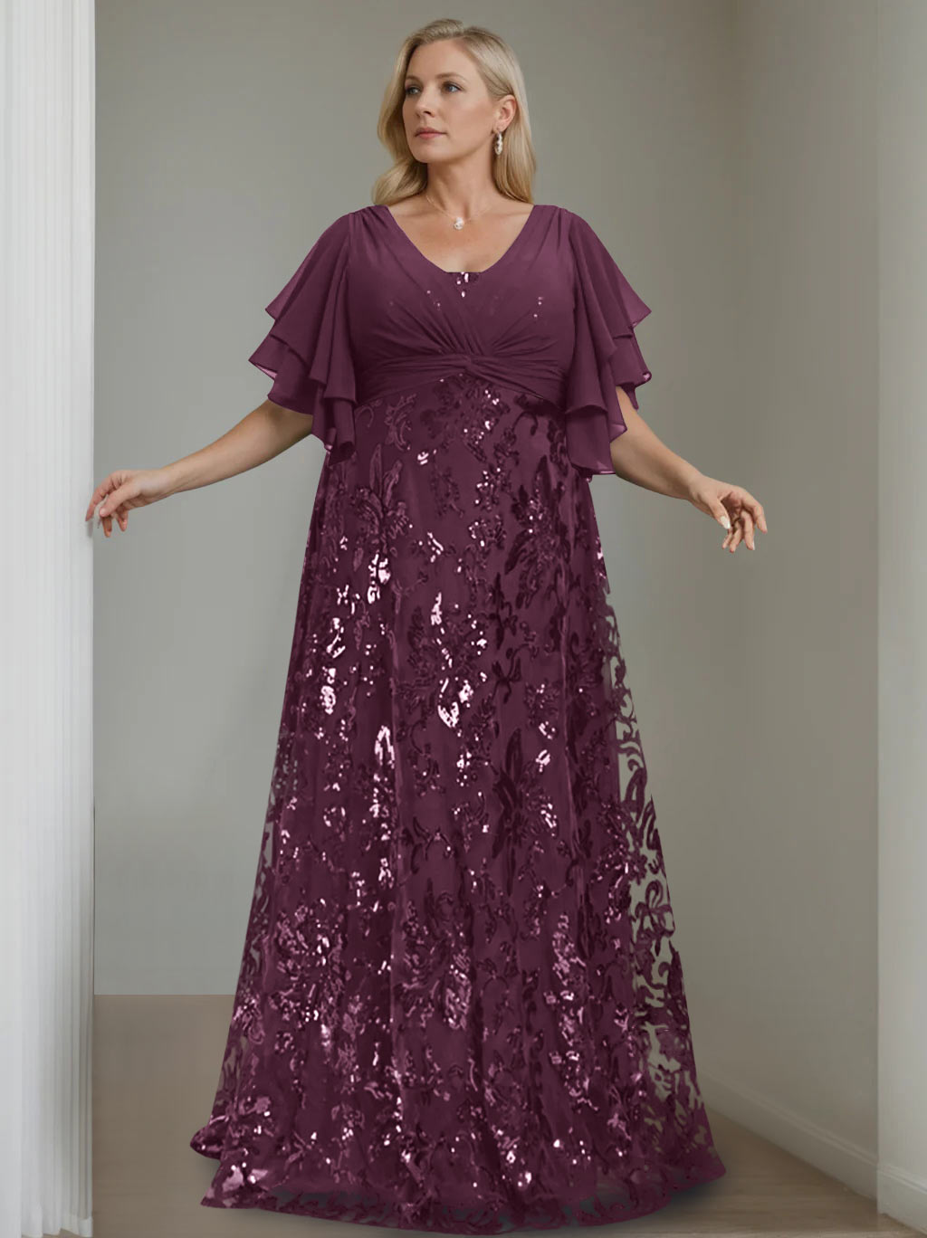 A-Line/Princess V-Neck Half Sleeves Floor-Length Plus Size Mother of the Bride Dresses with Sequins - 이미지 38