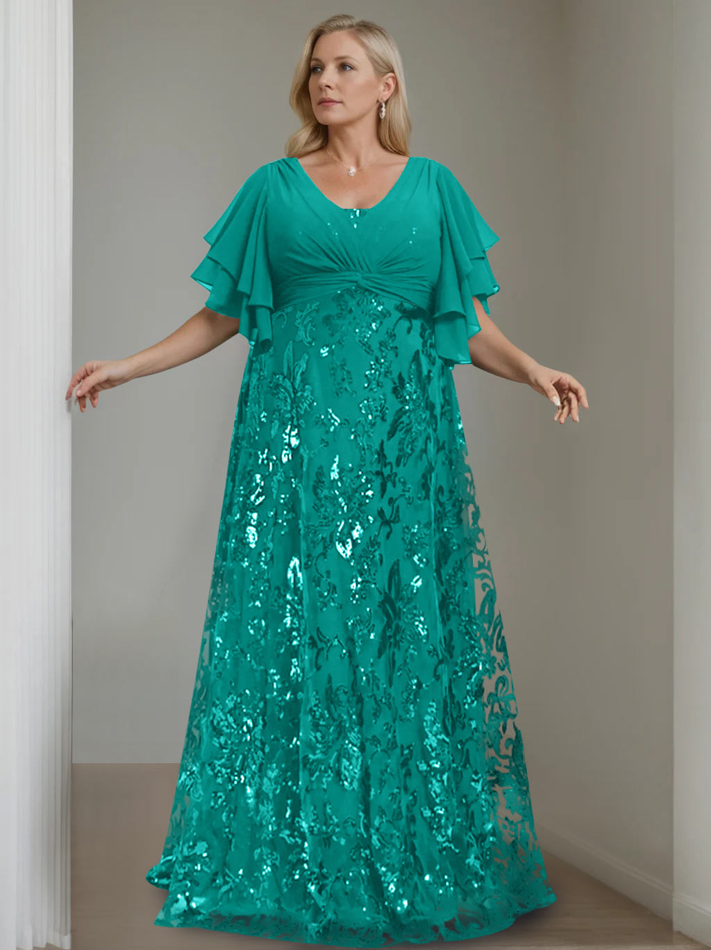 A-Line/Princess V-Neck Half Sleeves Floor-Length Plus Size Mother of the Bride Dresses with Sequins - 이미지 39