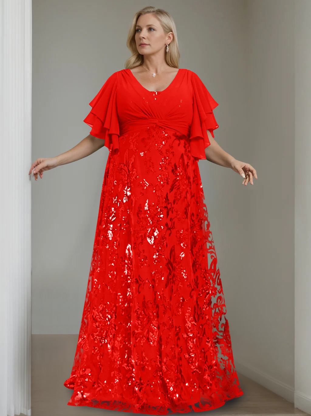 A-Line/Princess V-Neck Half Sleeves Floor-Length Plus Size Mother of the Bride Dresses with Sequins - 이미지 40
