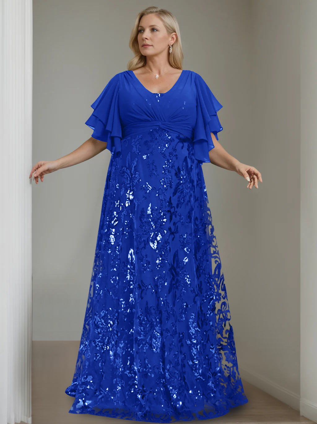A-Line/Princess V-Neck Half Sleeves Floor-Length Plus Size Mother of the Bride Dresses with Sequins - 이미지 42