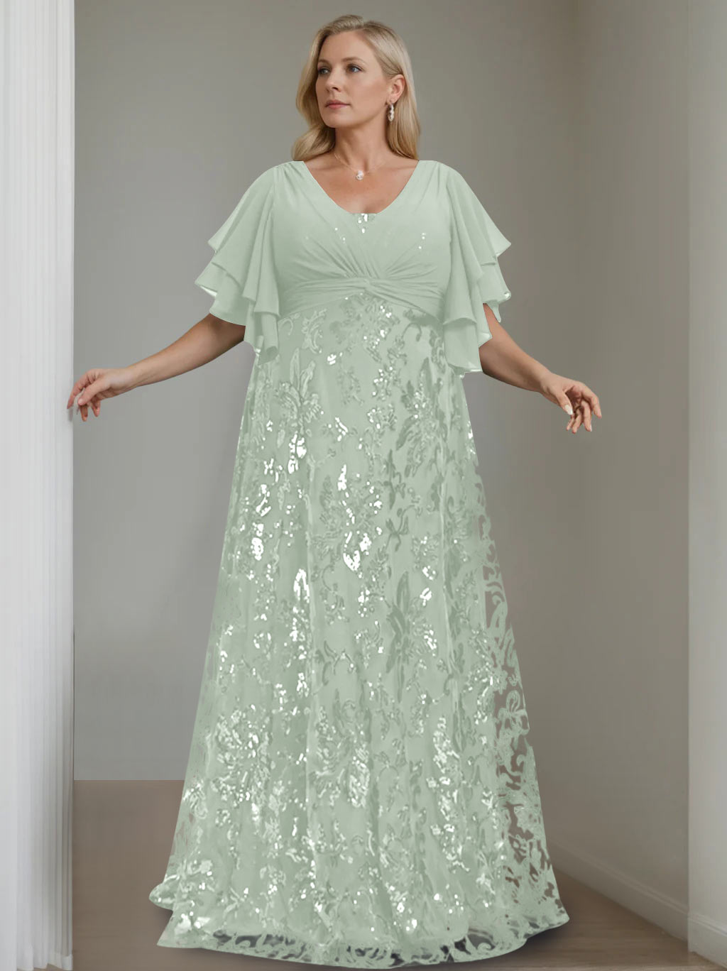 A-Line/Princess V-Neck Half Sleeves Floor-Length Plus Size Mother of the Bride Dresses with Sequins - 이미지 43