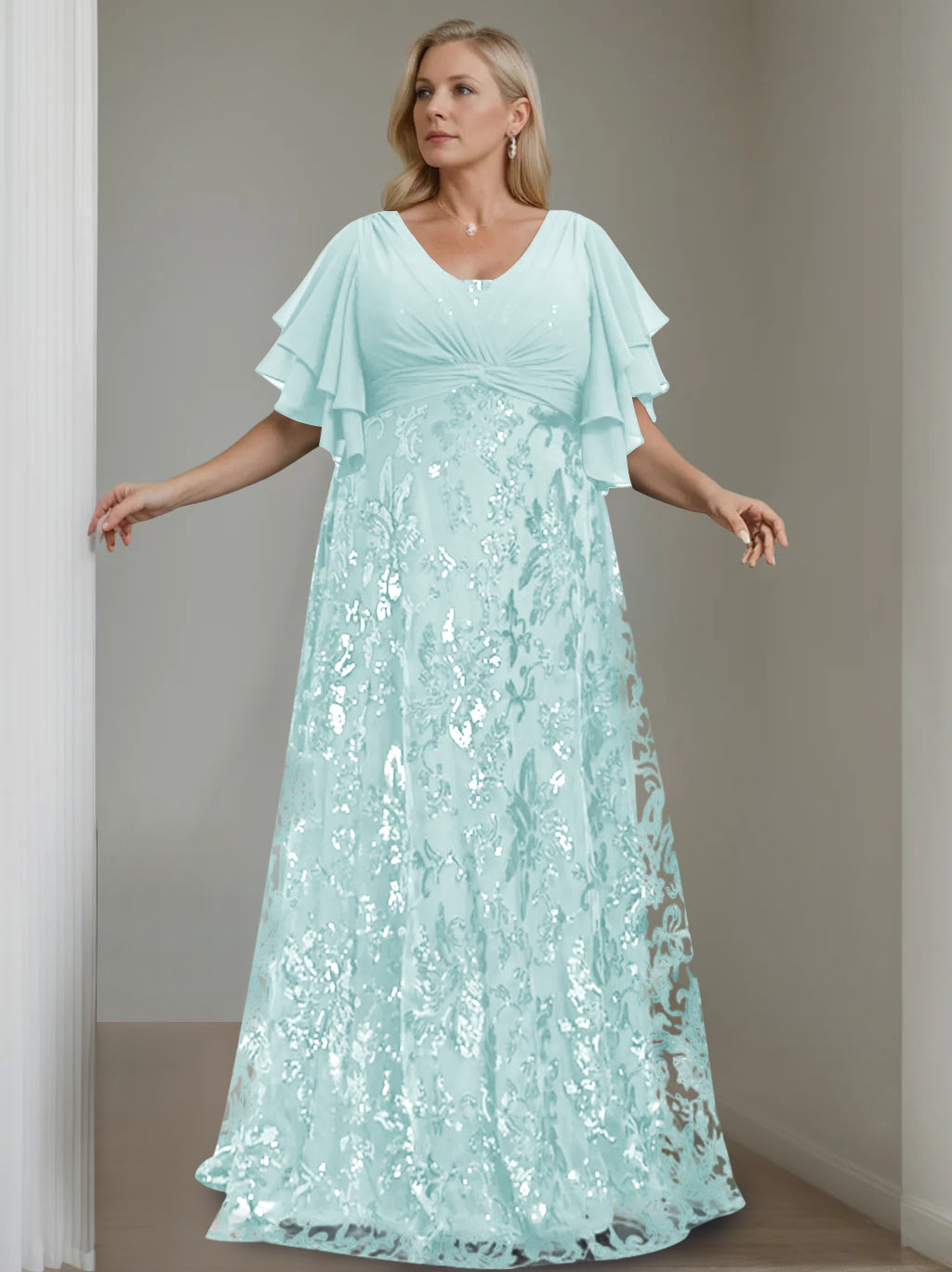 A-Line/Princess V-Neck Half Sleeves Floor-Length Plus Size Mother of the Bride Dresses with Sequins - 이미지 45