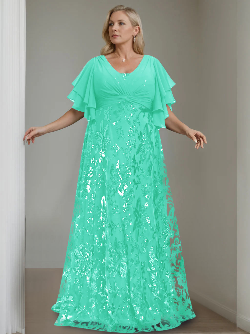 A-Line/Princess V-Neck Half Sleeves Floor-Length Plus Size Mother of the Bride Dresses with Sequins - 이미지 46