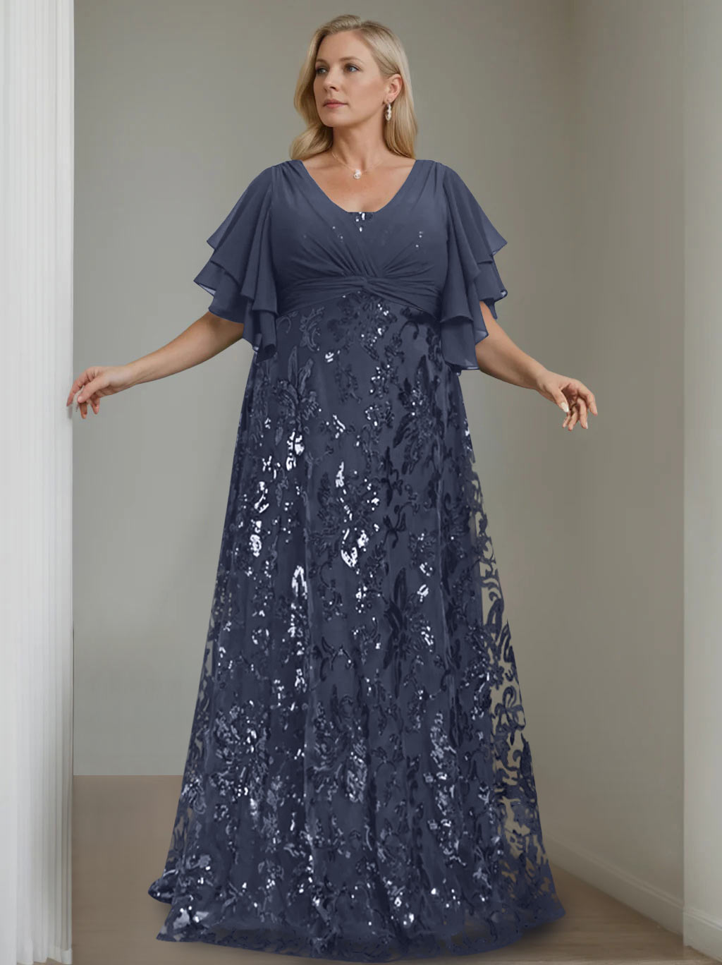 A-Line/Princess V-Neck Half Sleeves Floor-Length Plus Size Mother of the Bride Dresses with Sequins - 이미지 47