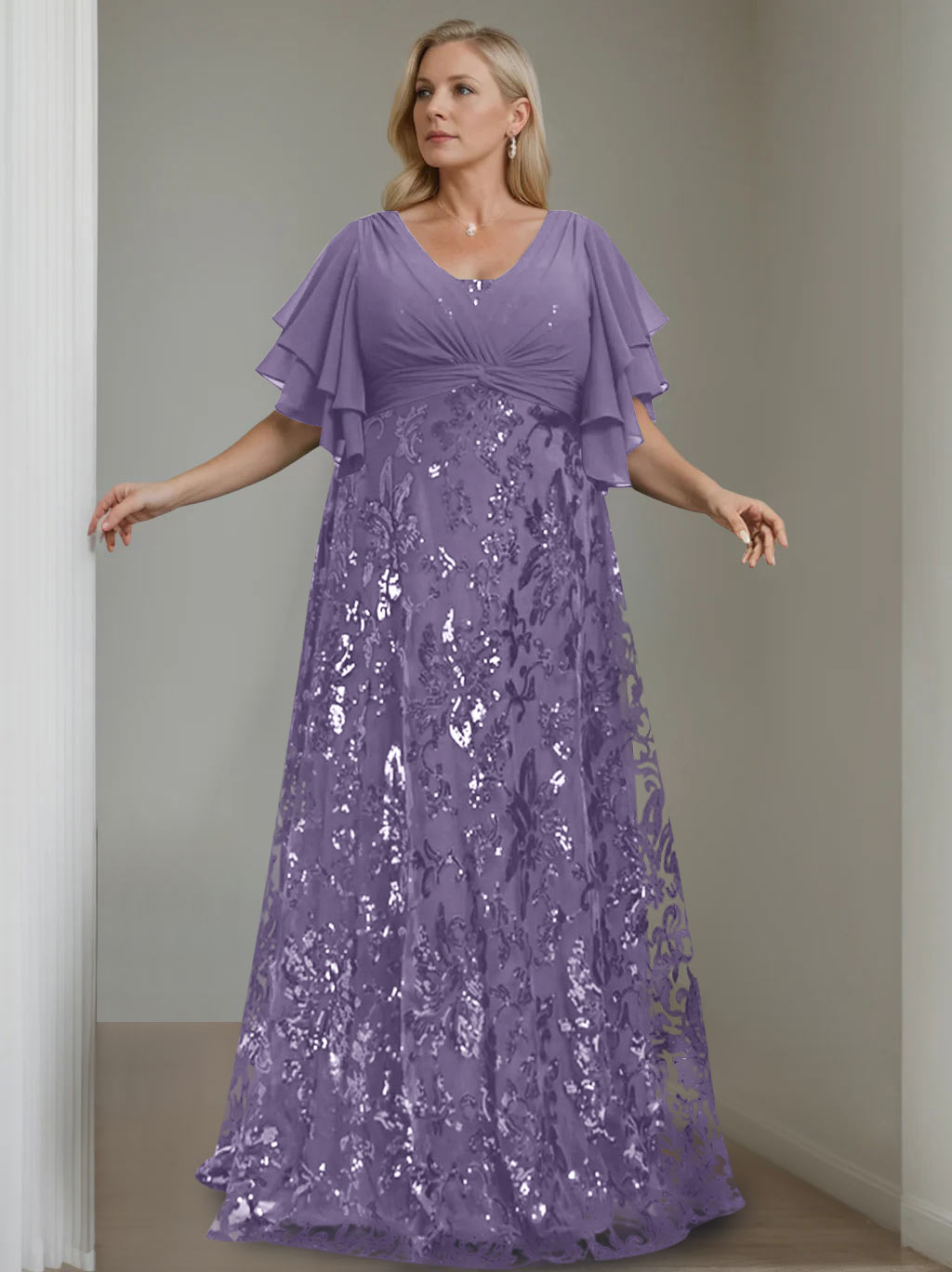 A-Line/Princess V-Neck Half Sleeves Floor-Length Plus Size Mother of the Bride Dresses with Sequins - 이미지 48