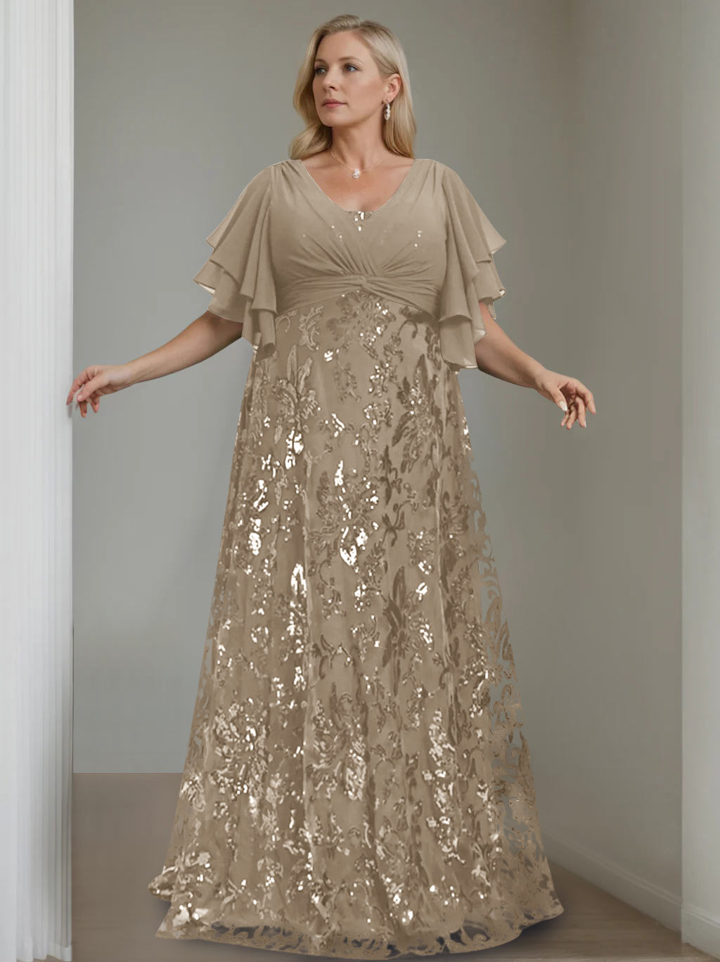 A-Line/Princess V-Neck Half Sleeves Floor-Length Plus Size Mother of the Bride Dresses with Sequins - 이미지 49