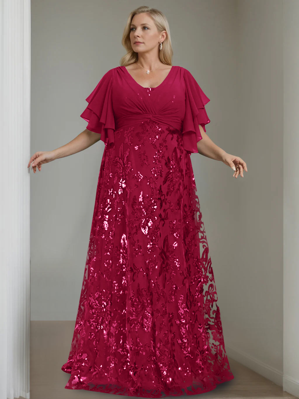 A-Line/Princess V-Neck Half Sleeves Floor-Length Plus Size Mother of the Bride Dresses with Sequins - 이미지 52