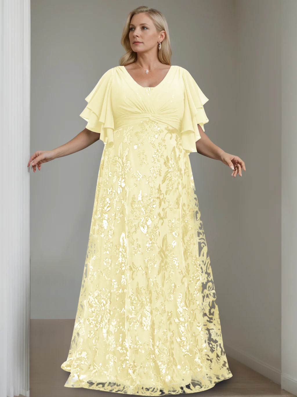 A-Line/Princess V-Neck Half Sleeves Floor-Length Plus Size Mother of the Bride Dresses with Sequins - 이미지 54