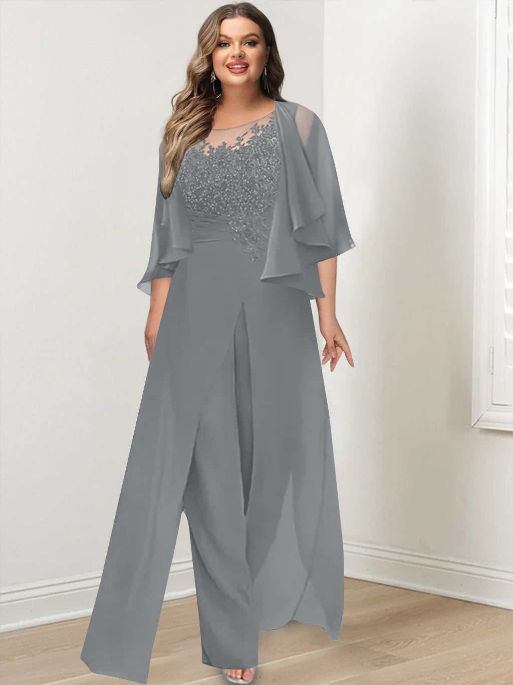 A-Line/Princess Scoop Floor-Length Plus Size Mother of the Bride Jumpsuits with Jacket, Split Side & Appliques - Image 9