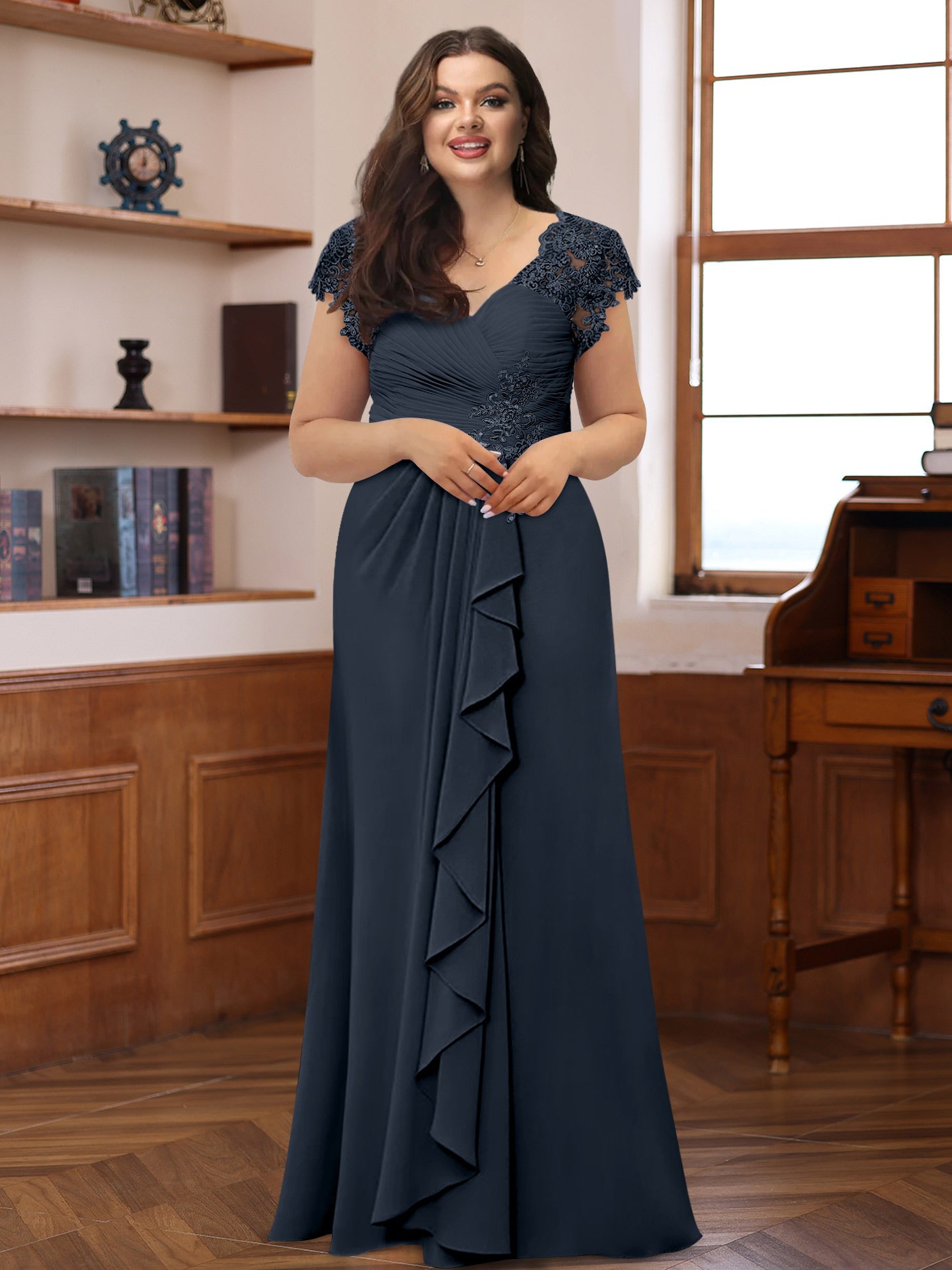 A-Line/Princess V-Neck Short Sleeves Pleated Plus Size Mother of the Bride & Groom Dresses with Ruffles & Appliques - Image 31