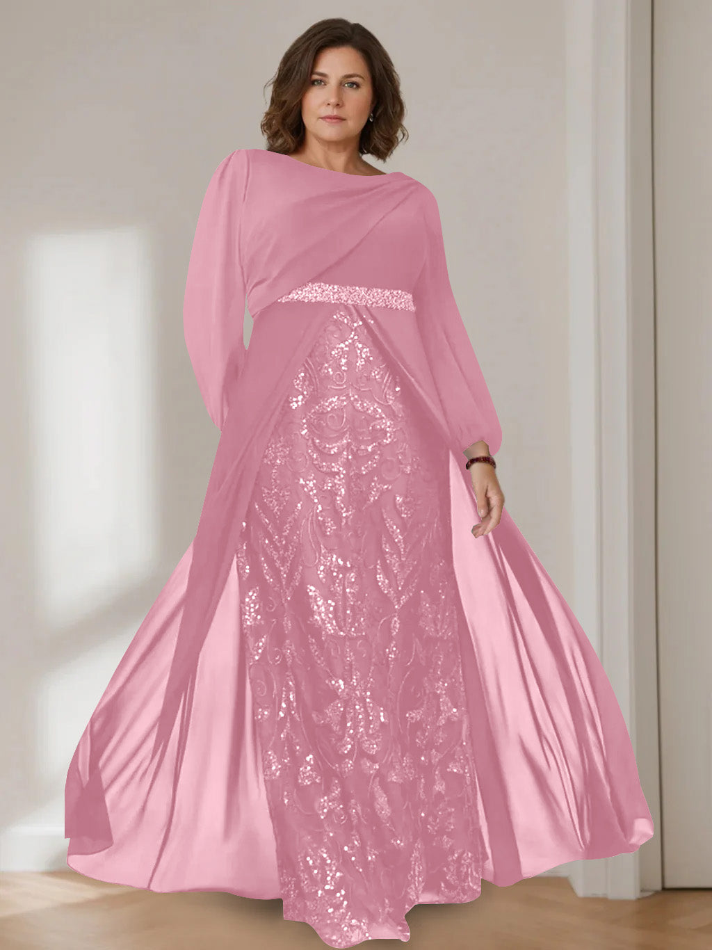 A-Line/Princess Scoop Long Sleeves Floor-Length Plus Size Mother of the Bride Dresses with Sequins - 이미지 7