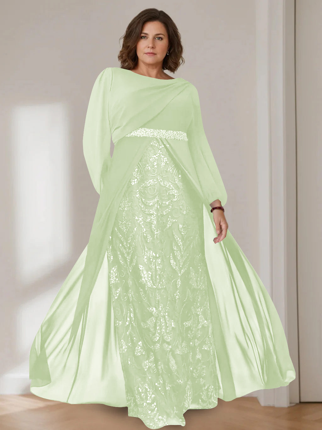 A-Line/Princess Scoop Long Sleeves Floor-Length Plus Size Mother of the Bride Dresses with Sequins - 이미지 8