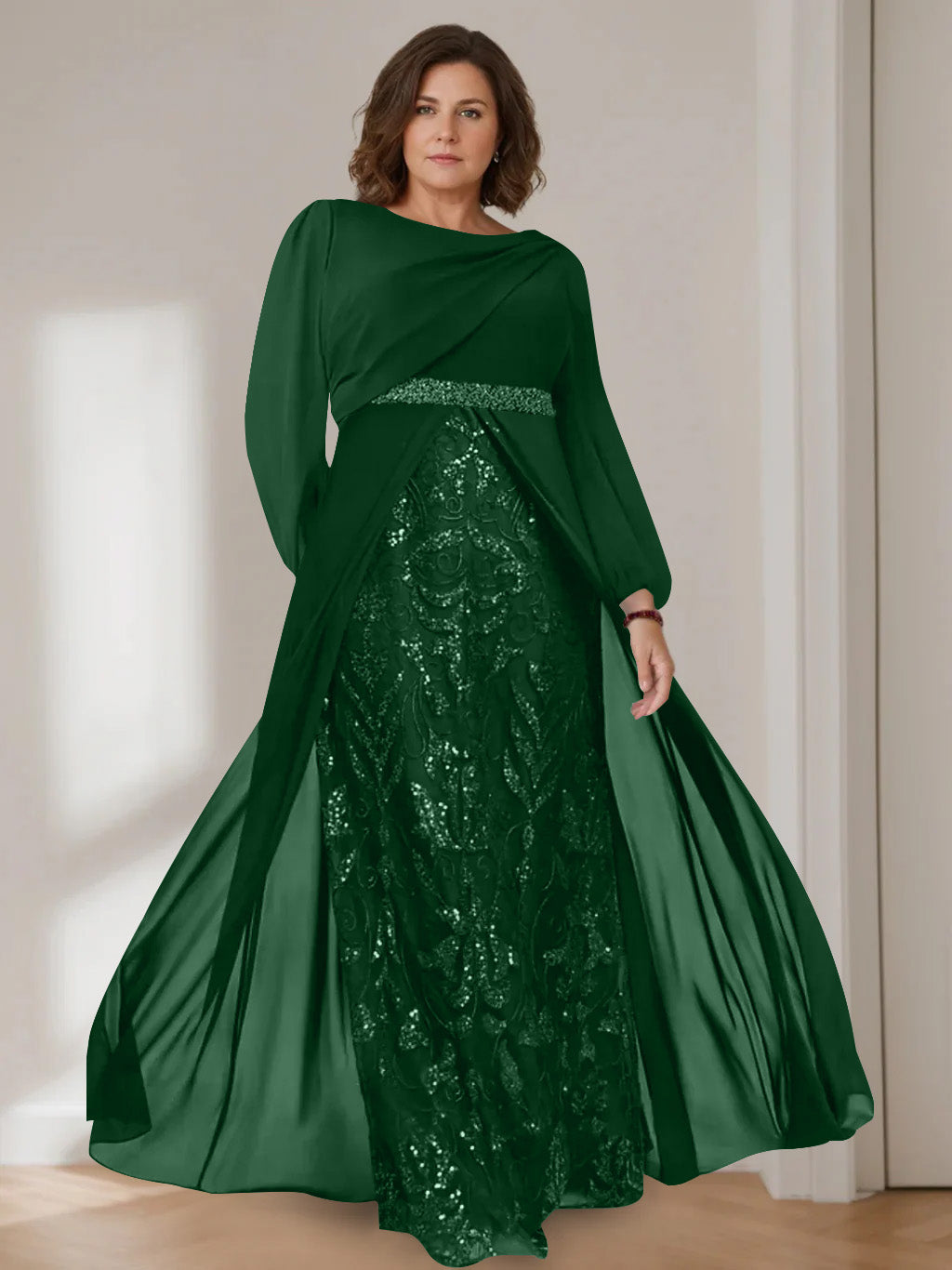 A-Line/Princess Scoop Long Sleeves Floor-Length Plus Size Mother of the Bride Dresses with Sequins - 이미지 14