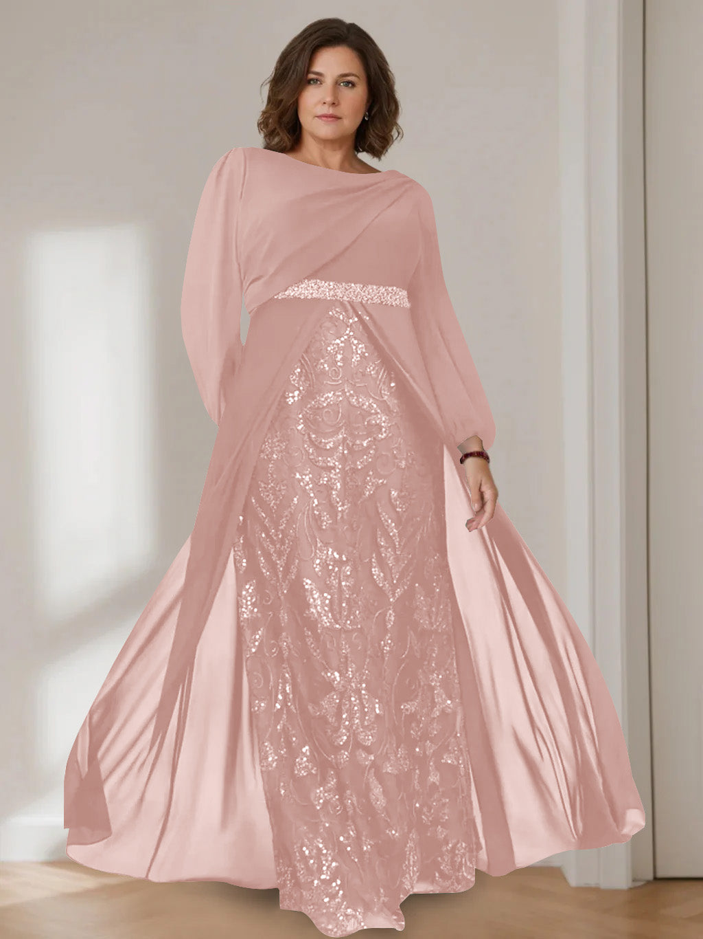 A-Line/Princess Scoop Long Sleeves Floor-Length Plus Size Mother of the Bride Dresses with Sequins - 이미지 18