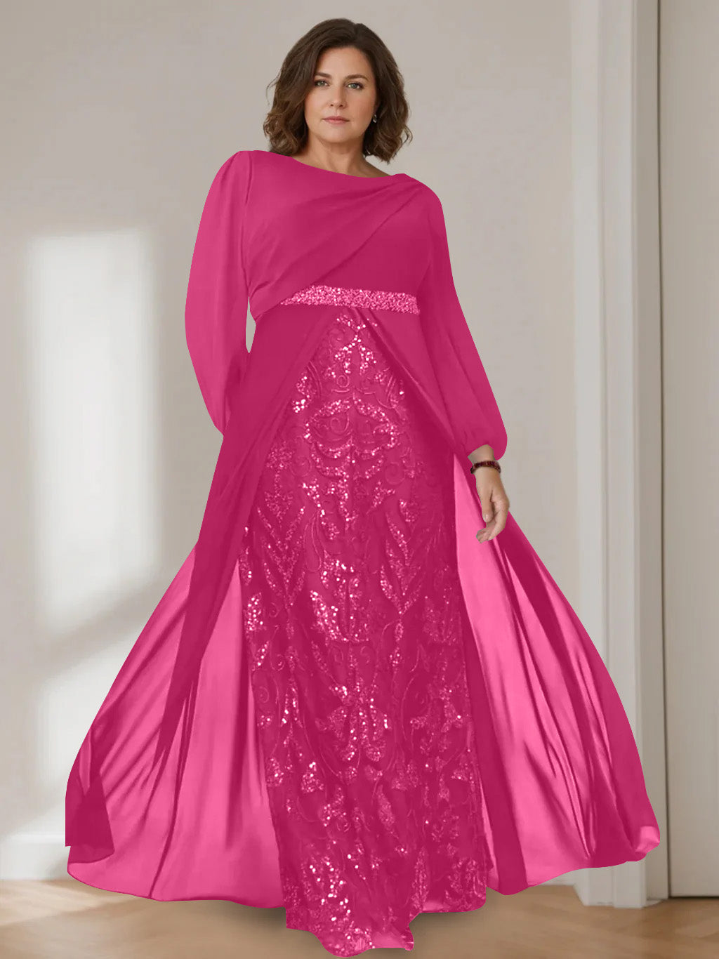 A-Line/Princess Scoop Long Sleeves Floor-Length Plus Size Mother of the Bride Dresses with Sequins - 이미지 20