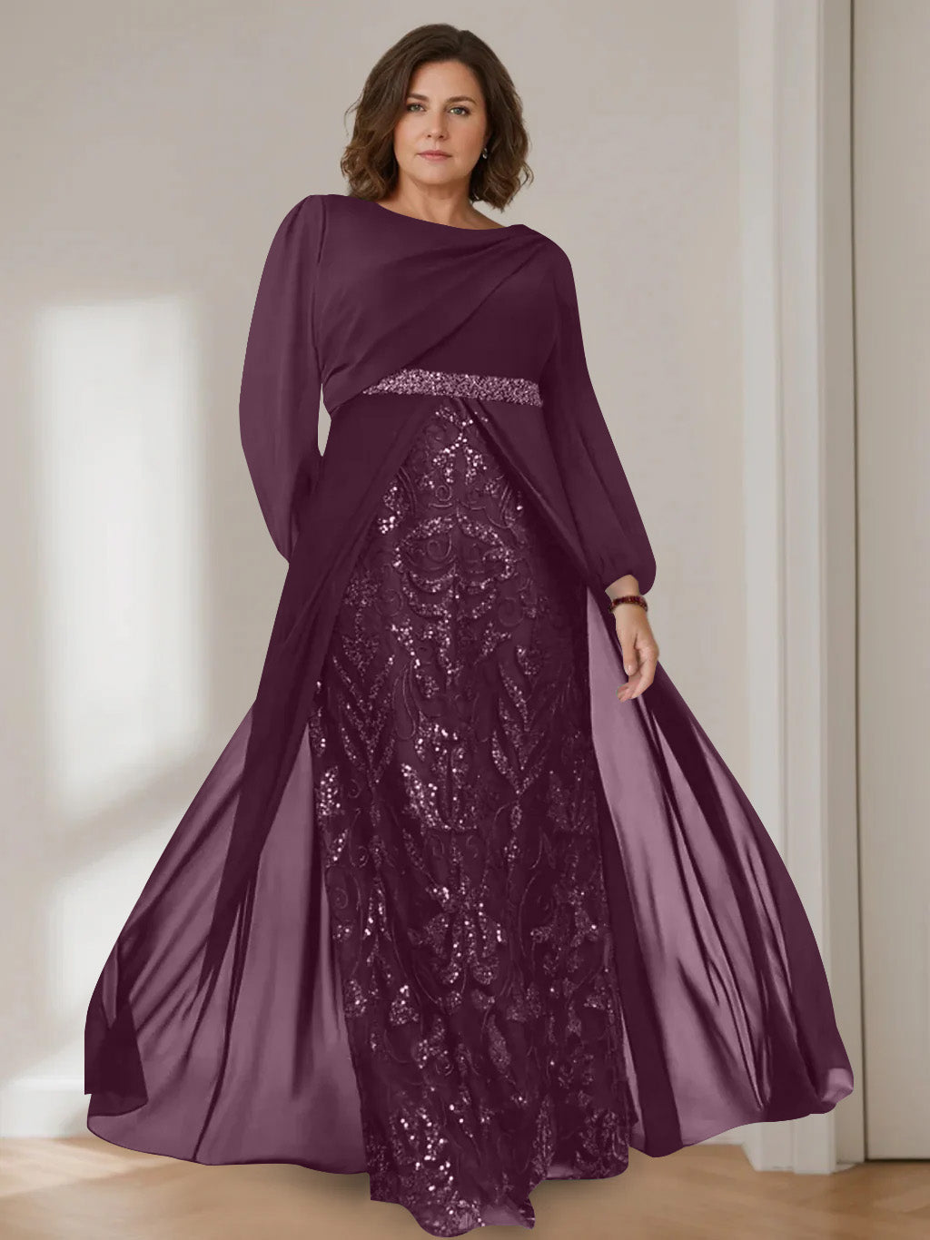 A-Line/Princess Scoop Long Sleeves Floor-Length Plus Size Mother of the Bride Dresses with Sequins - 이미지 22