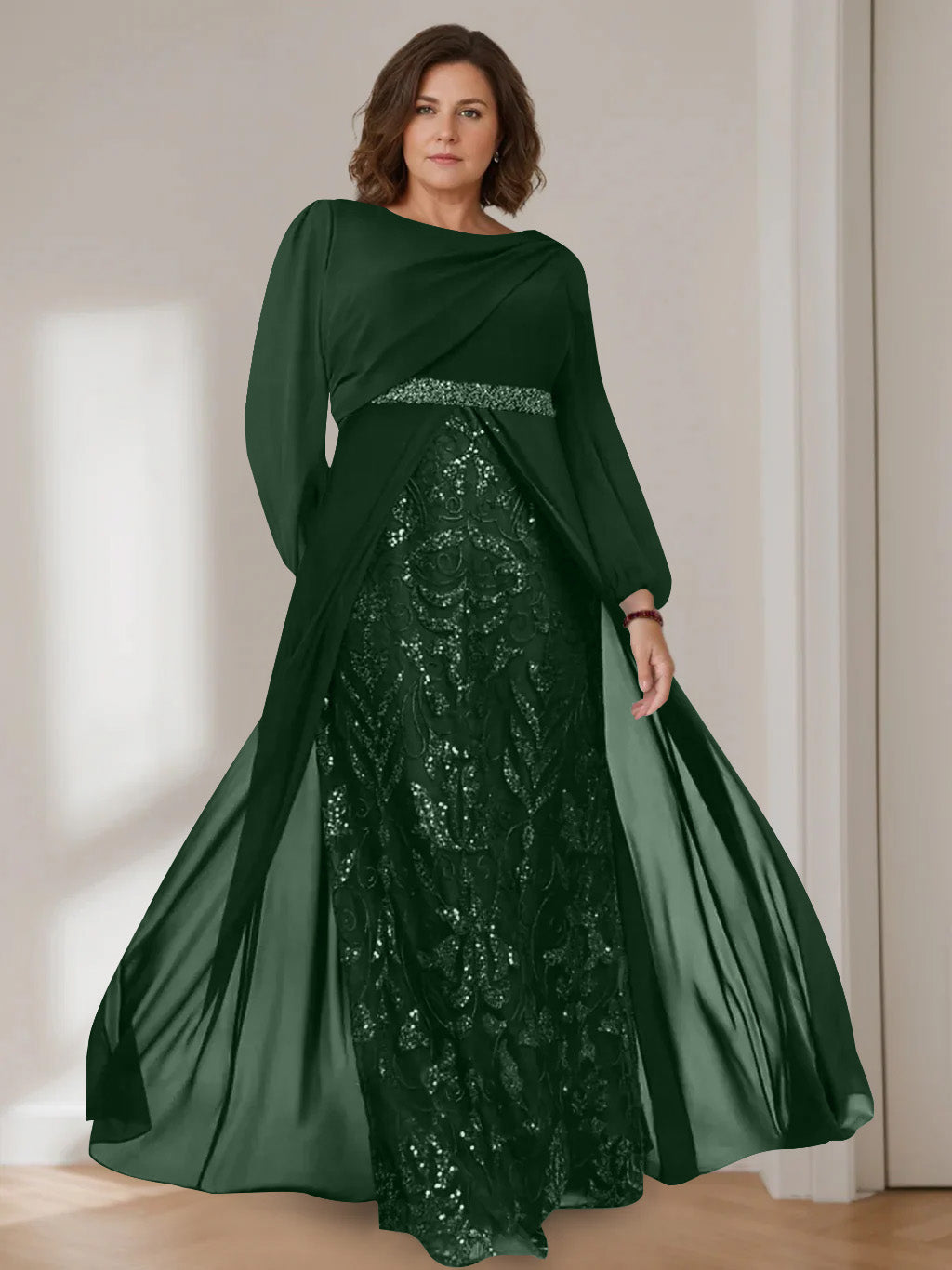 A-Line/Princess Scoop Long Sleeves Floor-Length Plus Size Mother of the Bride Dresses with Sequins - 이미지 23