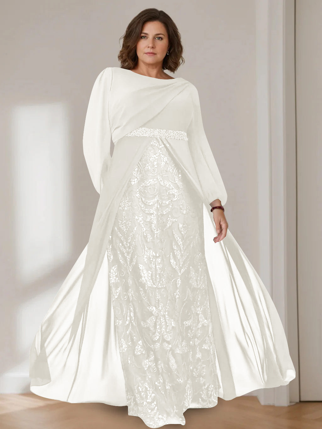 A-Line/Princess Scoop Long Sleeves Floor-Length Plus Size Mother of the Bride Dresses with Sequins - 이미지 25
