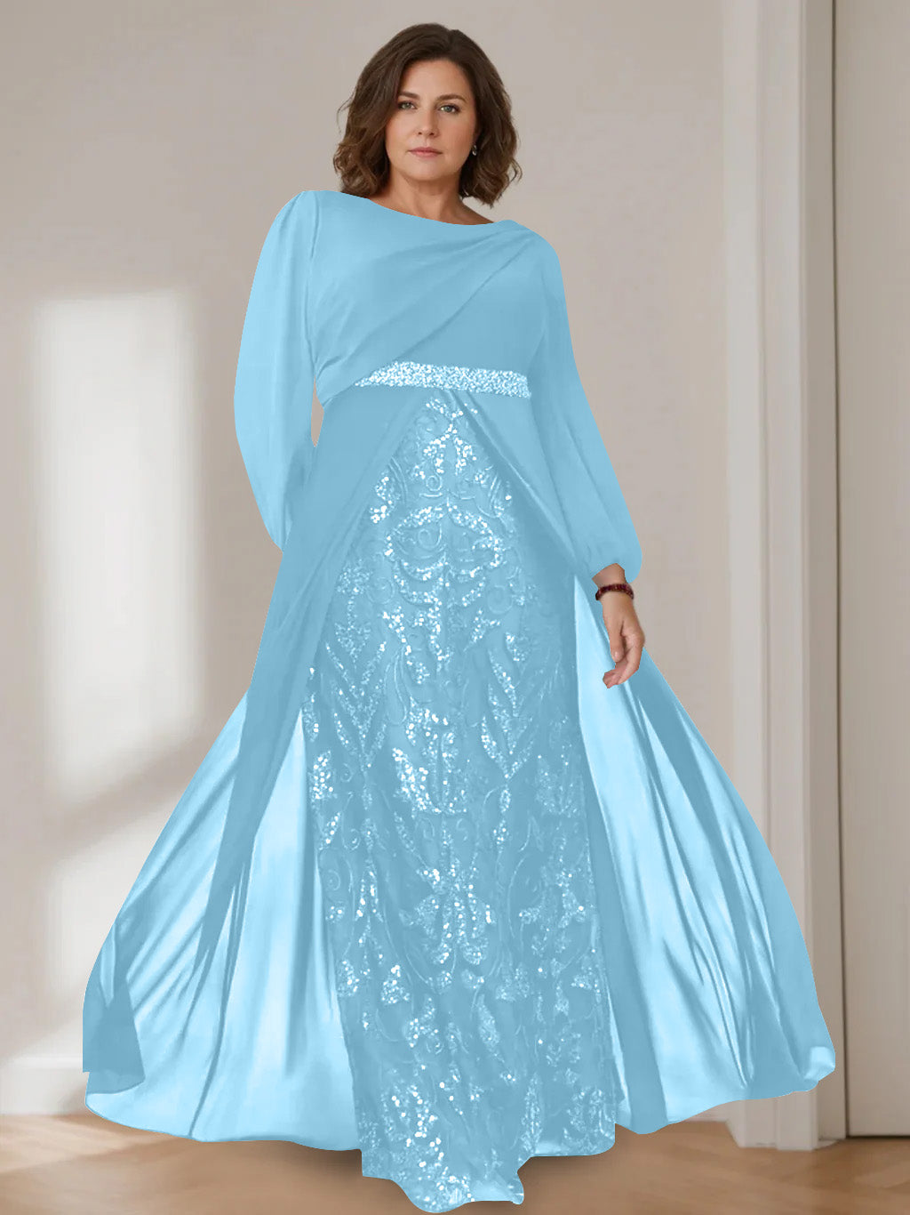A-Line/Princess Scoop Long Sleeves Floor-Length Plus Size Mother of the Bride Dresses with Sequins - 이미지 27