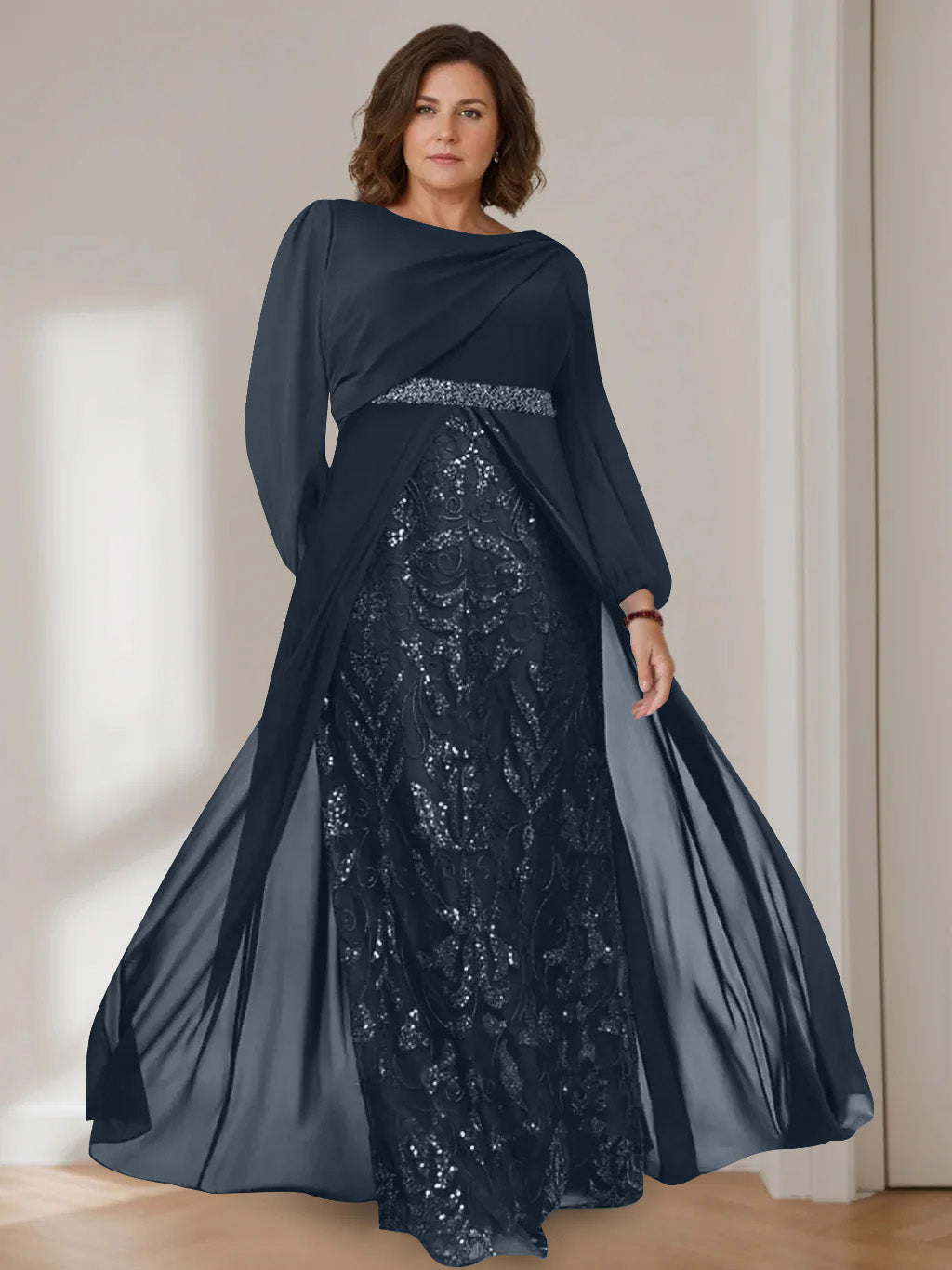 A-Line/Princess Scoop Long Sleeves Floor-Length Plus Size Mother of the Bride Dresses with Sequins - 이미지 32