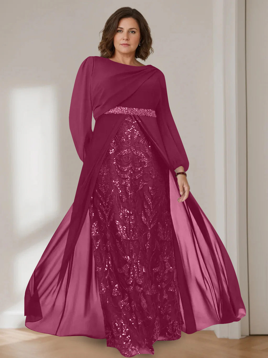 A-Line/Princess Scoop Long Sleeves Floor-Length Plus Size Mother of the Bride Dresses with Sequins - 이미지 35