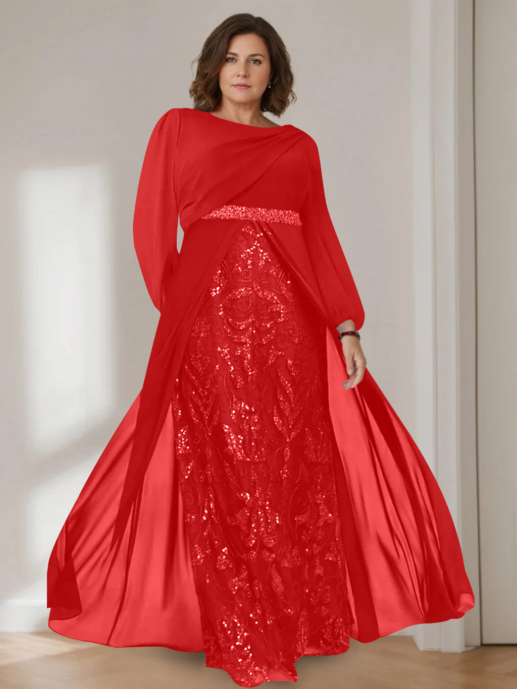 A-Line/Princess Scoop Long Sleeves Floor-Length Plus Size Mother of the Bride Dresses with Sequins - 이미지 41