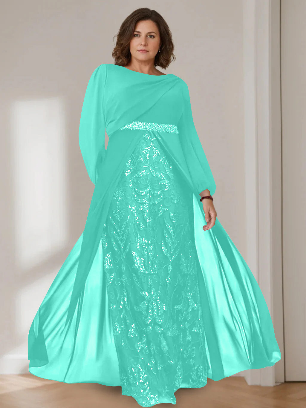 A-Line/Princess Scoop Long Sleeves Floor-Length Plus Size Mother of the Bride Dresses with Sequins - 이미지 47