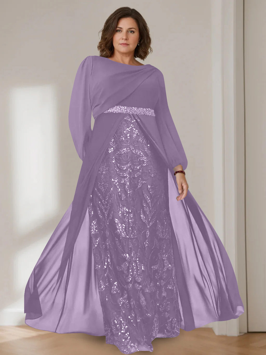 A-Line/Princess Scoop Long Sleeves Floor-Length Plus Size Mother of the Bride Dresses with Sequins - 이미지 49