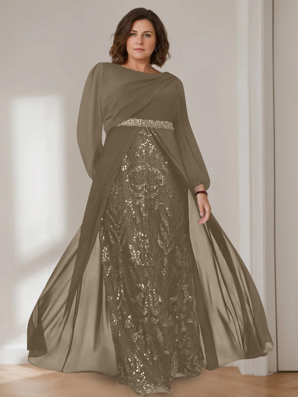A-Line/Princess Scoop Long Sleeves Floor-Length Plus Size Mother of the Bride Dresses with Sequins - 이미지 50