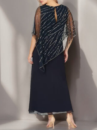 A-Line/Princess V-Neck Half Sleeves Ankle-Length Plus Size Mother of the Bride Dresses with Asymmetrical Cape Popover