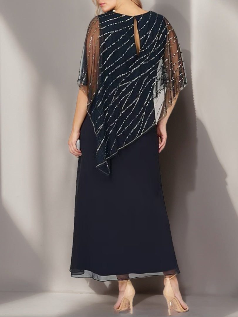 A-Line/Princess V-Neck Half Sleeves Ankle-Length Plus Size Mother of the Bride Dresses with Asymmetrical Cape Popover - 이미지 2