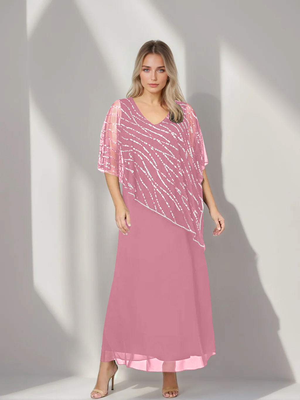 A-Line/Princess V-Neck Half Sleeves Ankle-Length Plus Size Mother of the Bride Dresses with Asymmetrical Cape Popover - 이미지 8